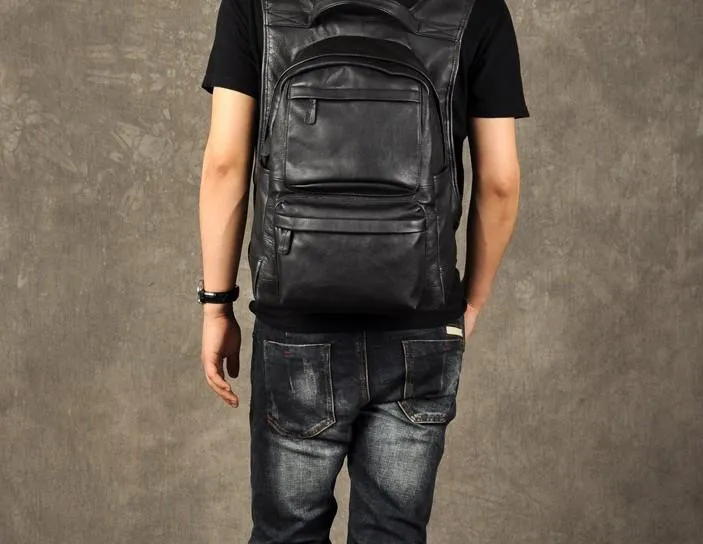 Leather Mens Cool Backpack Large Black Travel Backpack School Backpack for men