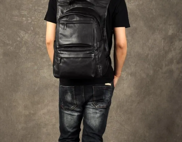 Leather Mens Cool Backpack Large Black Travel Backpack School Backpack for men