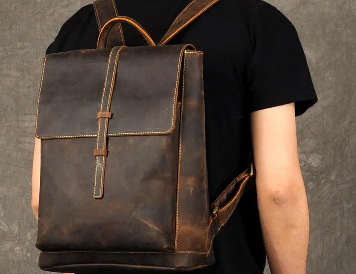 Leather Mens Cool Backpack Large Brown Travel Backpack School Backpack for men