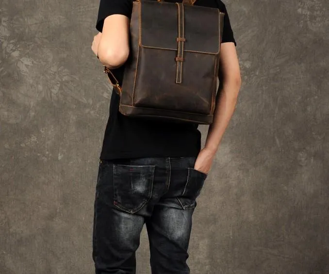 Leather Mens Cool Backpack Large Brown Travel Backpack School Backpack for men