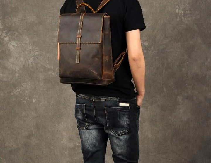 Leather Mens Cool Backpack Large Brown Travel Backpack School Backpack for men