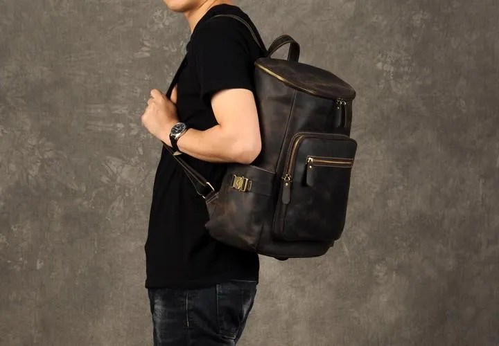 Leather Mens Cool Backpack Large Coffee Travel Backpack School Backpack for men