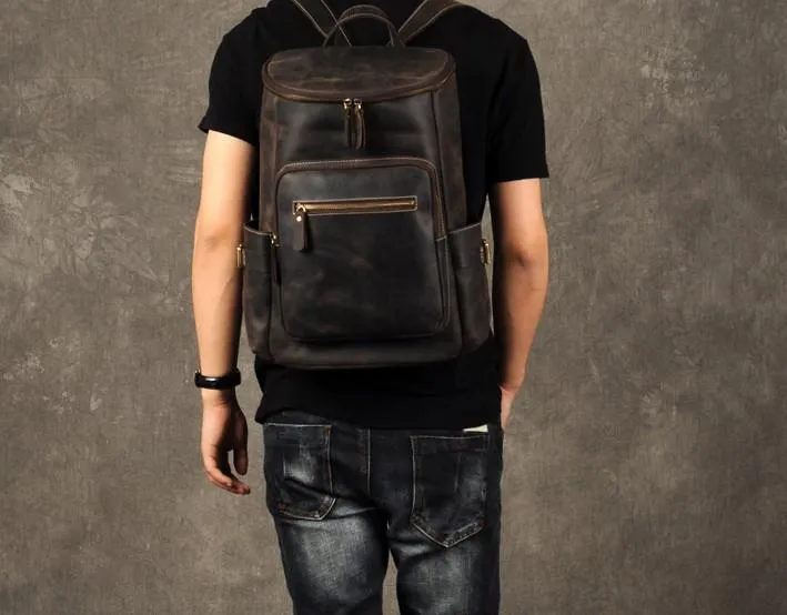 Leather Mens Cool Backpack Large Coffee Travel Backpack School Backpack for men