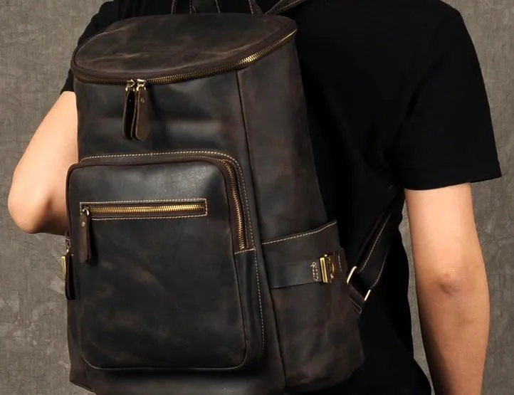 Leather Mens Cool Backpack Large Coffee Travel Backpack School Backpack for men
