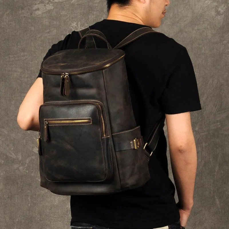 Leather Mens Cool Backpack Large Coffee Travel Backpack School Backpack for men