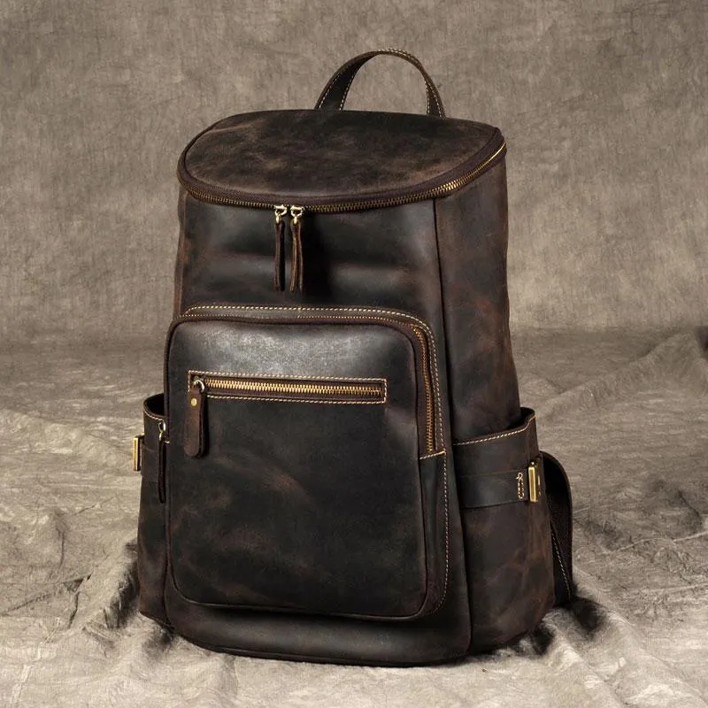 Leather Mens Cool Backpack Large Coffee Travel Backpack School Backpack for men