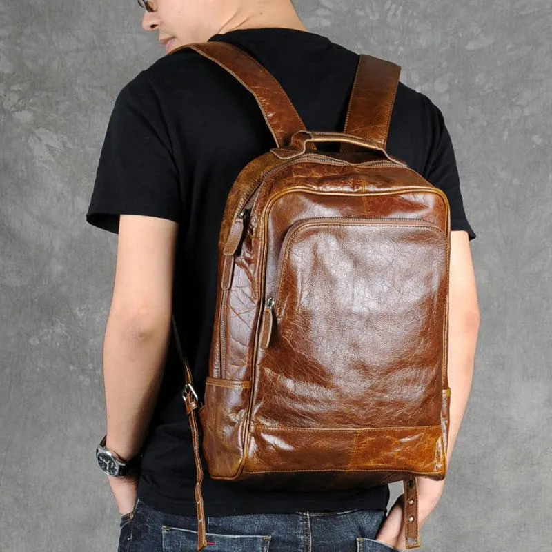 Leather Mens Cool Black Backpack Large Travel Backpack Hiking Backpack for men