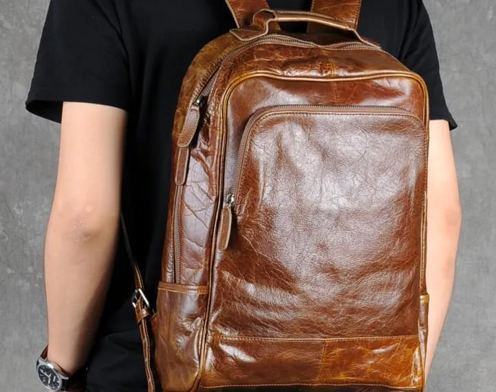 Leather Mens Cool Black Backpack Large Travel Backpack Hiking Backpack for men