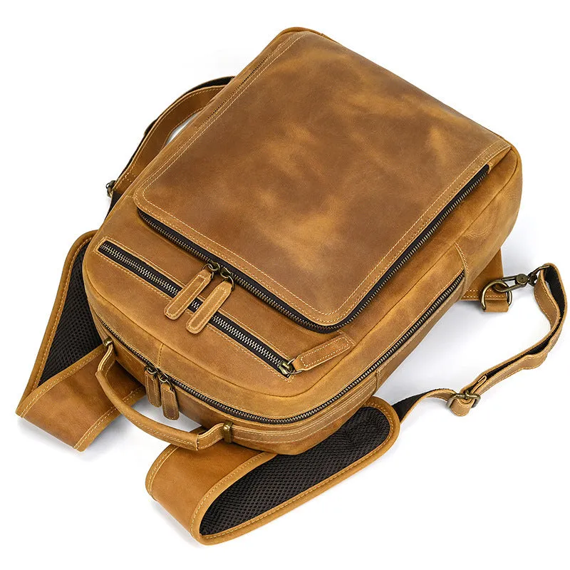 Light Brown Large Leather Backpack for Travel Mens Leather 15???? Laptop Backpack 14L