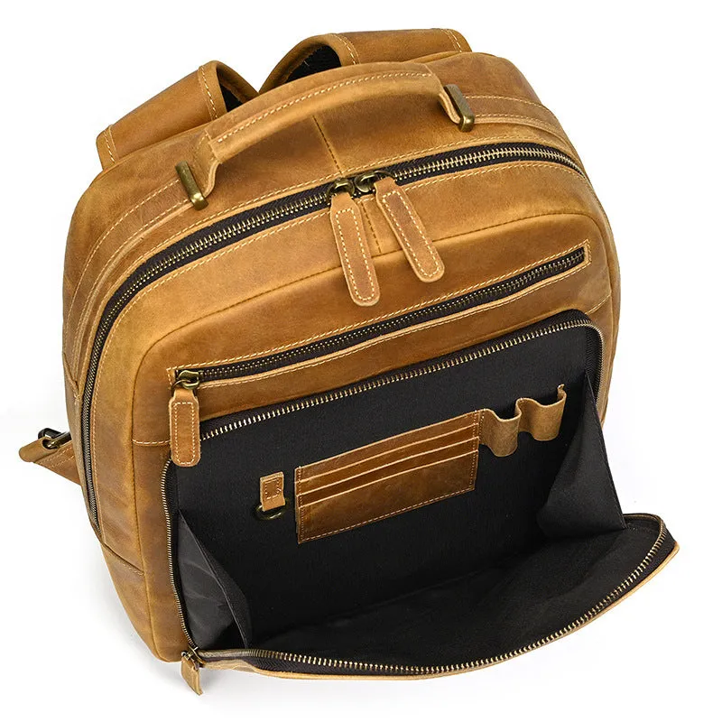 Light Brown Large Leather Backpack for Travel Mens Leather 15???? Laptop Backpack 14L