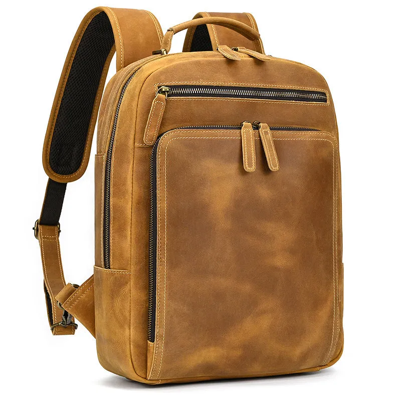 Light Brown Large Leather Backpack for Travel Mens Leather 15???? Laptop Backpack 14L