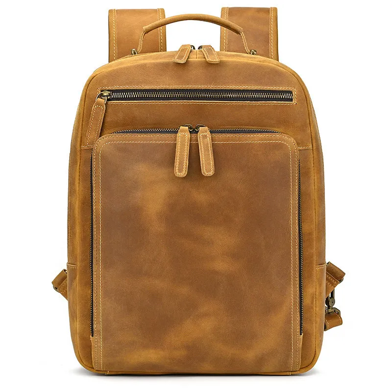 Light Brown Large Leather Backpack for Travel Mens Leather 15???? Laptop Backpack 14L