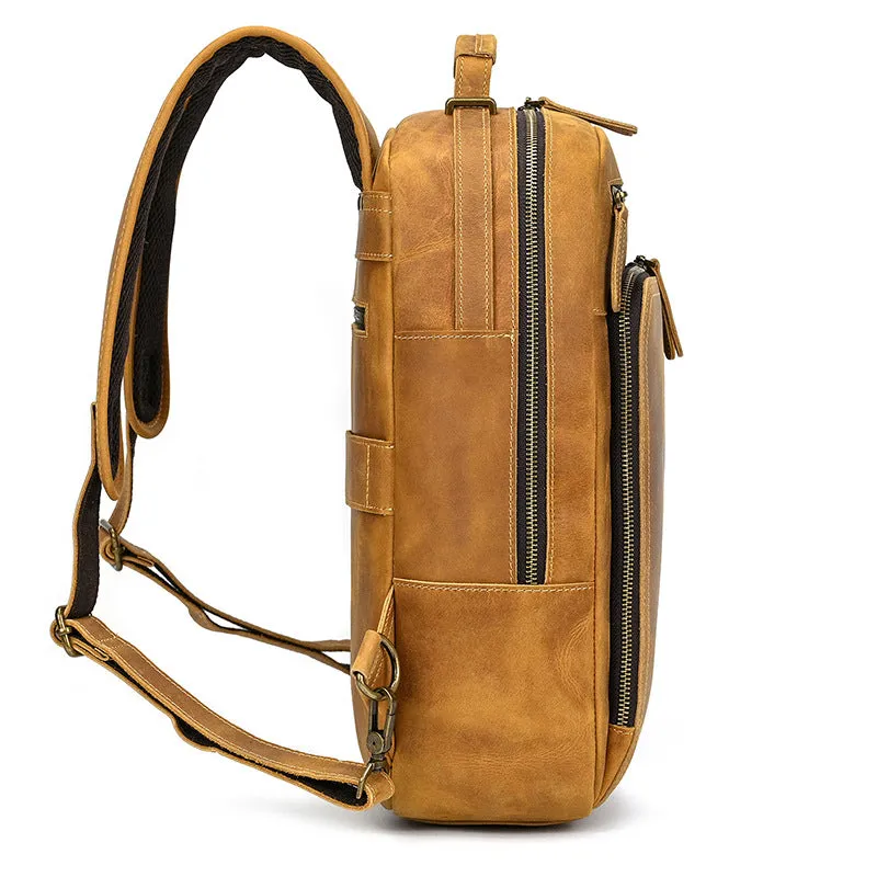 Light Brown Large Leather Backpack for Travel Mens Leather 15???? Laptop Backpack 14L
