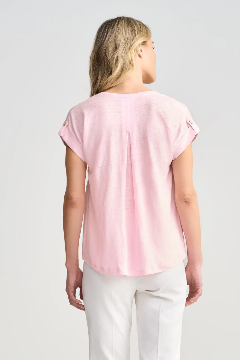 Linen Mix V-Neck T-Shirt - Icy Pink