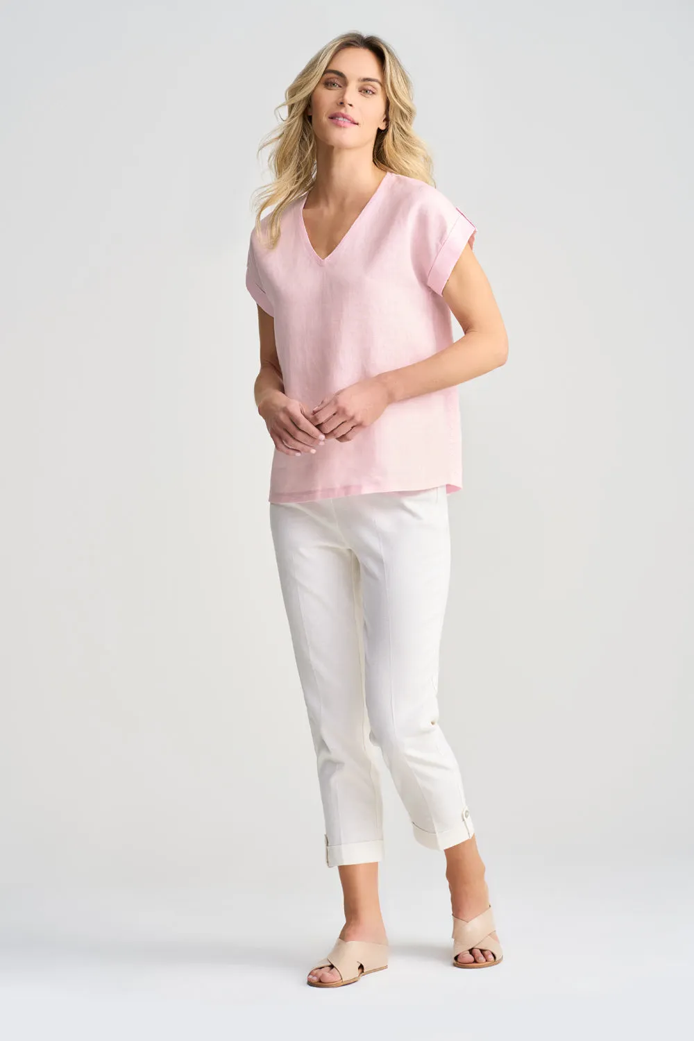 Linen Mix V-Neck T-Shirt - Icy Pink