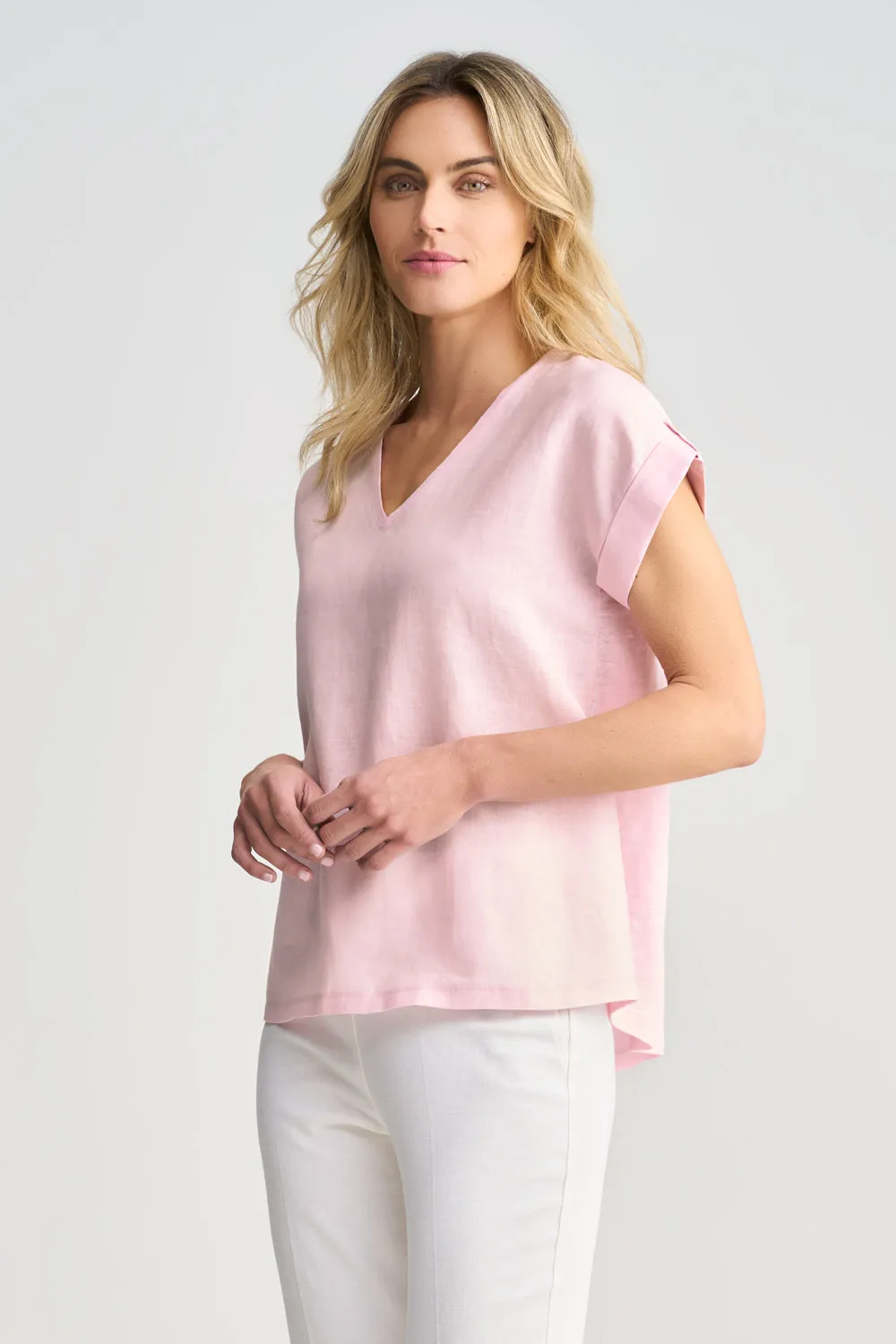 Linen Mix V-Neck T-Shirt - Icy Pink