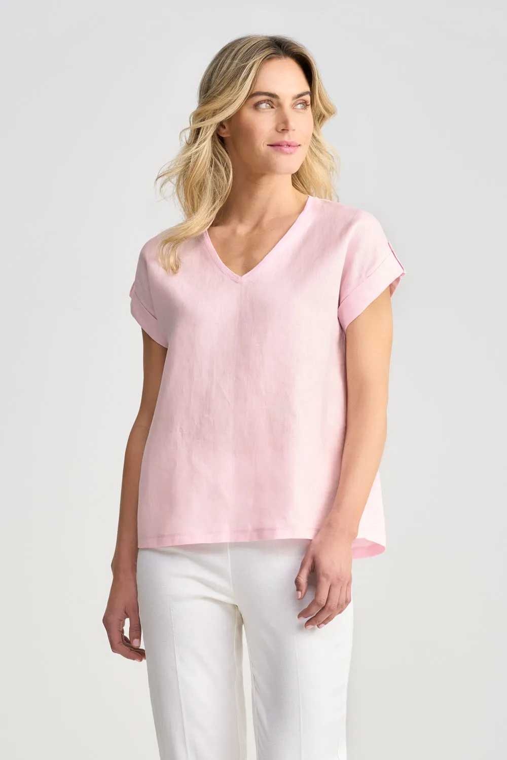 Linen Mix V-Neck T-Shirt - Icy Pink