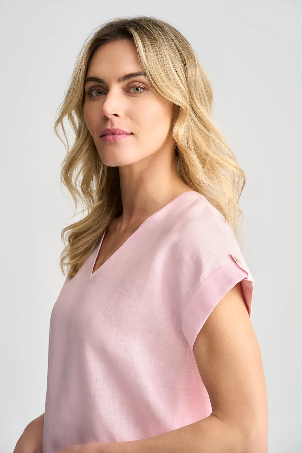 Linen Mix V-Neck T-Shirt - Icy Pink
