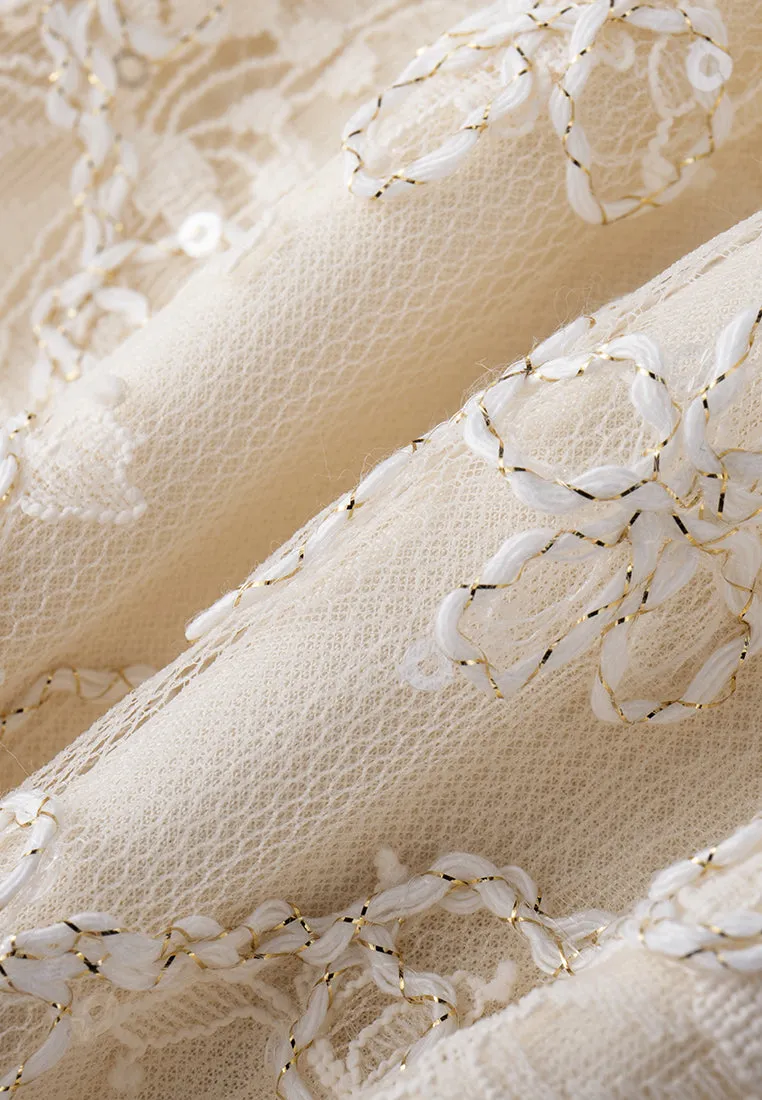 Lurex-detail Ruffle-collar Puff-sleeve Lace Blouse