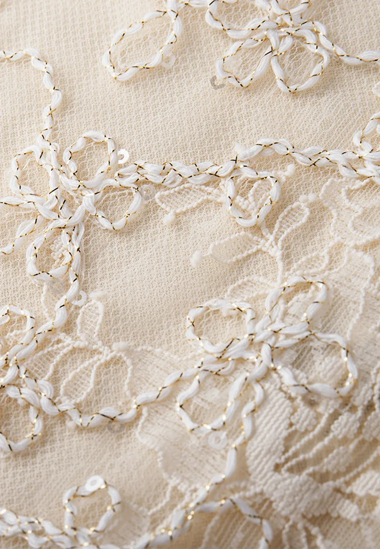 Lurex-detail Ruffle-collar Puff-sleeve Lace Blouse
