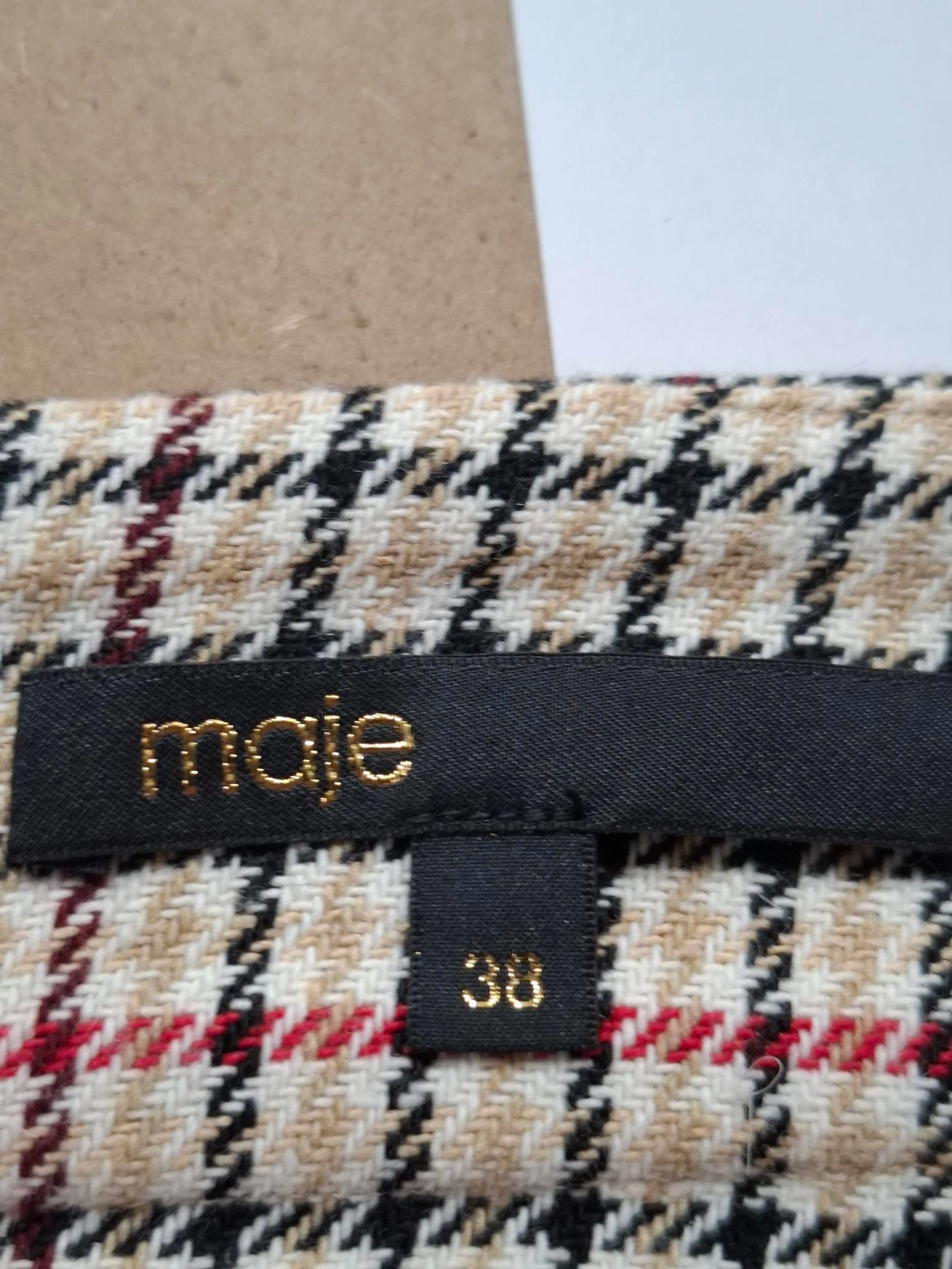 Maje Plaid Asymmetric Midi Skirt in Beige Cotton Tweed