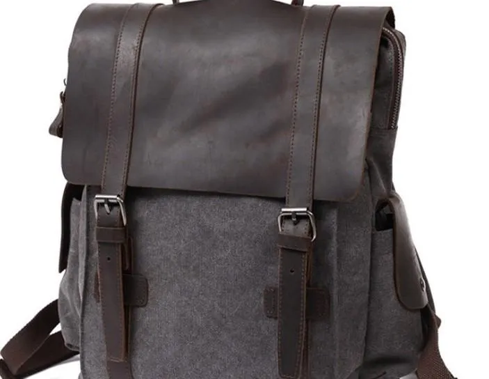 Mens Canvas Leather Backpack Canvas Travel Backpack Canvas School Backpacks for Men
