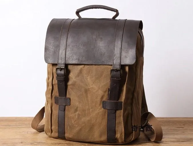 Mens Canvas Leather Backpack Canvas Travel Backpacks Canvas School Backpacks for Men