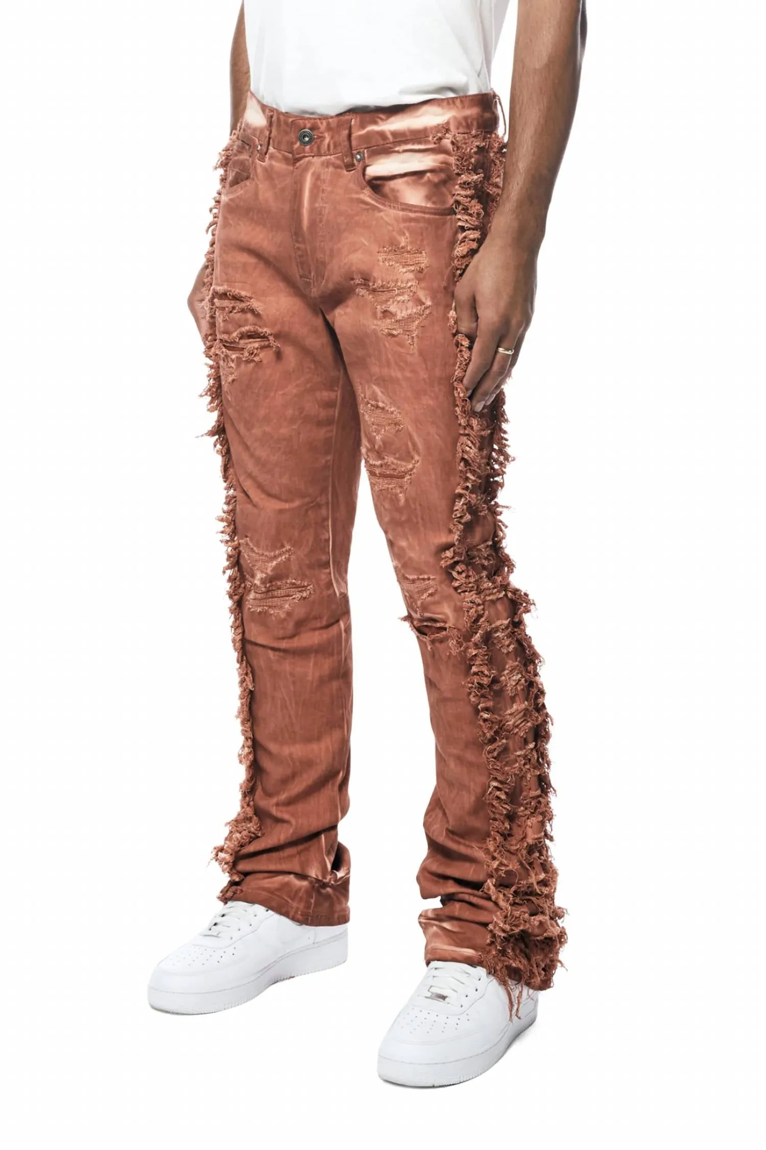 Men's Frayed Stacked Denim Jean In Rust