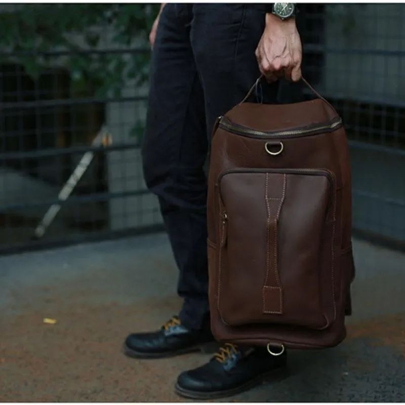 Mens Leather Barrel Backpack Cool Travel Bag Weekender Bag for men