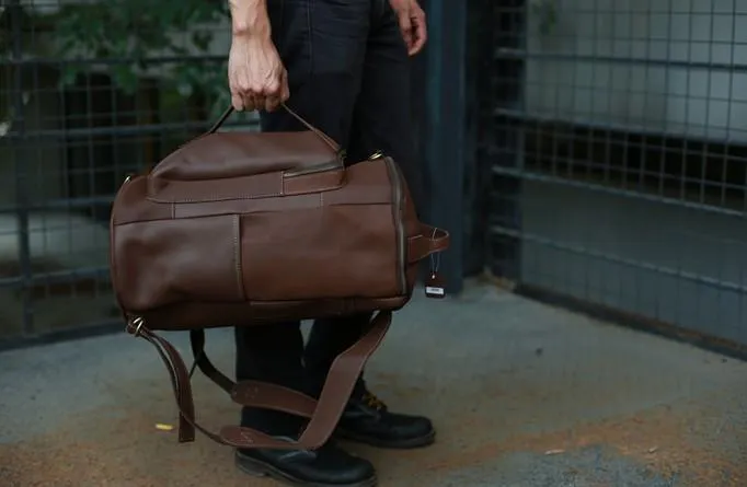Mens Leather Barrel Backpack Cool Travel Bag Weekender Bag for men