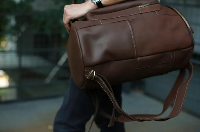 Mens Leather Barrel Backpack Cool Travel Bag Weekender Bag for men