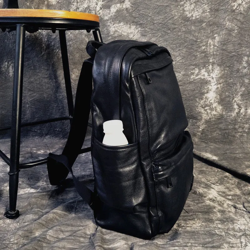 Mens Leather Cool Black Backpack for School Travel Bag Hiking Bag For Men