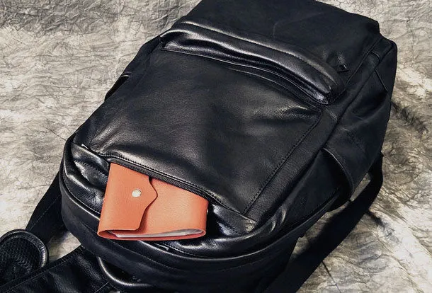 Mens Leather Cool Black Backpack for School Travel Bag Hiking Bag For Men