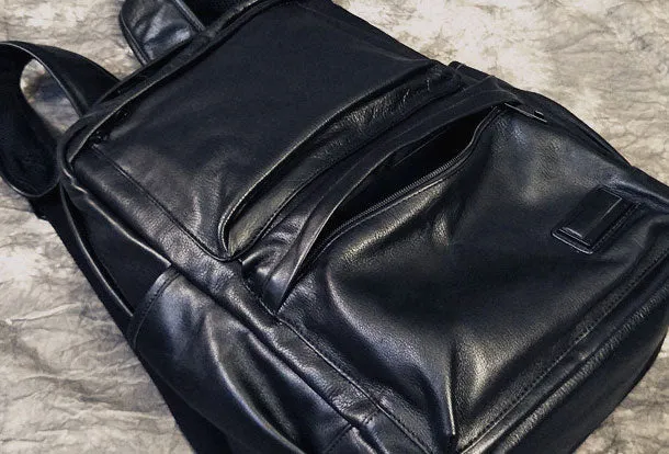 Mens Leather Cool Black Backpack for School Travel Bag Hiking Bag For Men