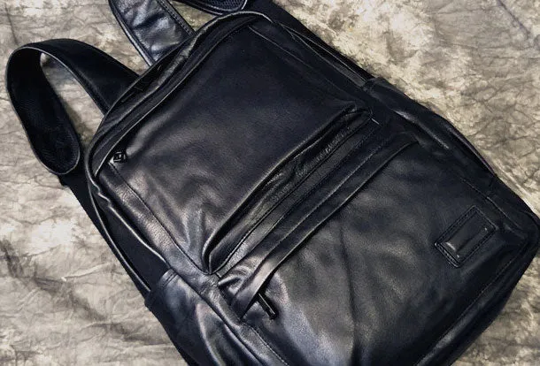 Mens Leather Cool Black Backpack for School Travel Bag Hiking Bag For Men
