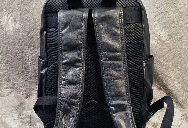 Mens Leather Cool Black Backpack for School Travel Bag Hiking Bag For Men