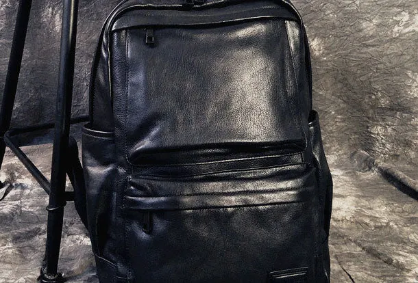 Mens Leather Cool Black Backpack for School Travel Bag Hiking Bag For Men