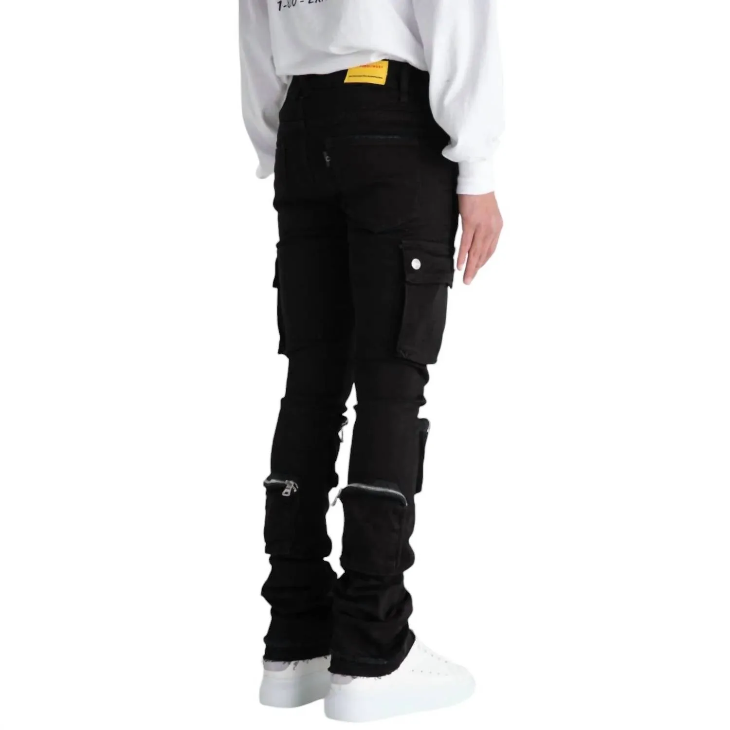 Men's Never Look Back Cargo Flare Stack Denim Jean In Black
