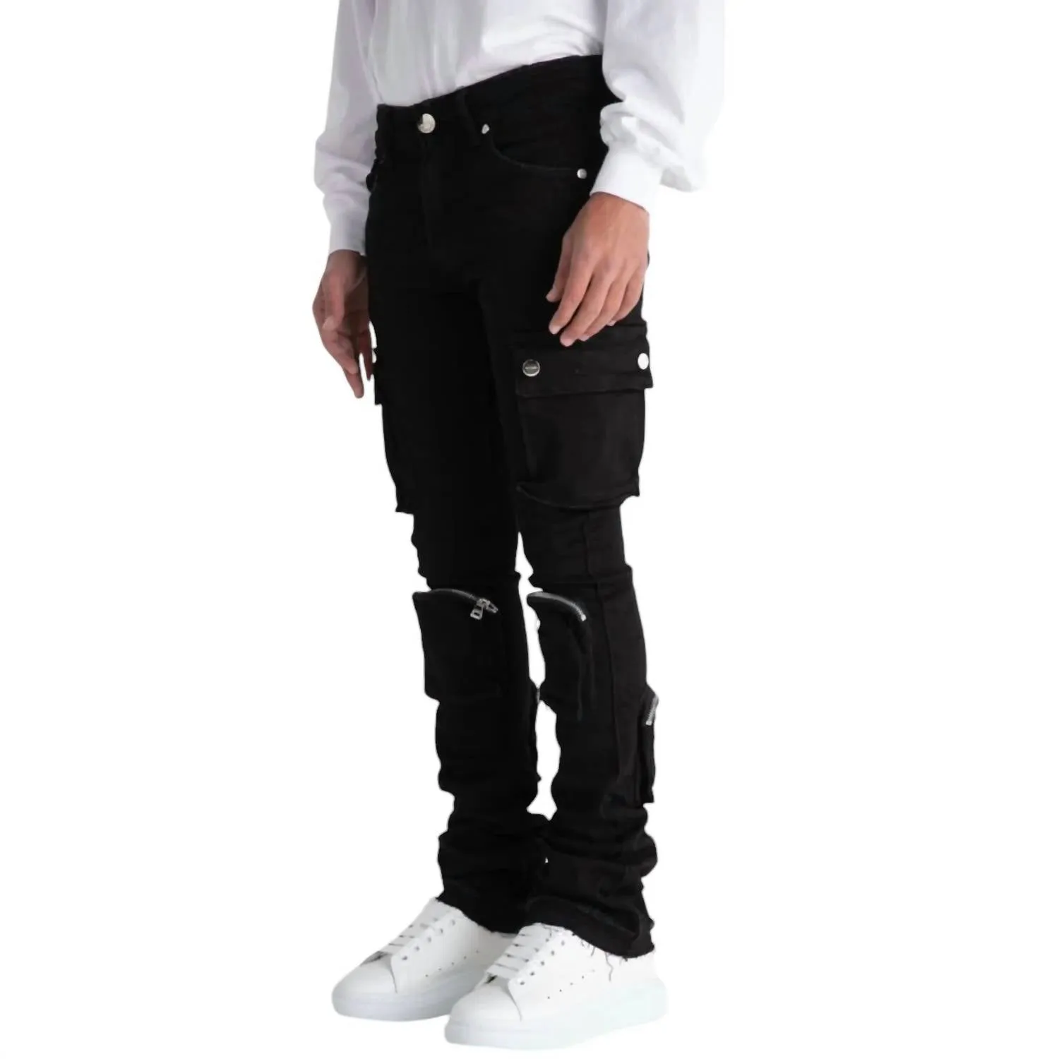 Men's Never Look Back Cargo Flare Stack Denim Jean In Black
