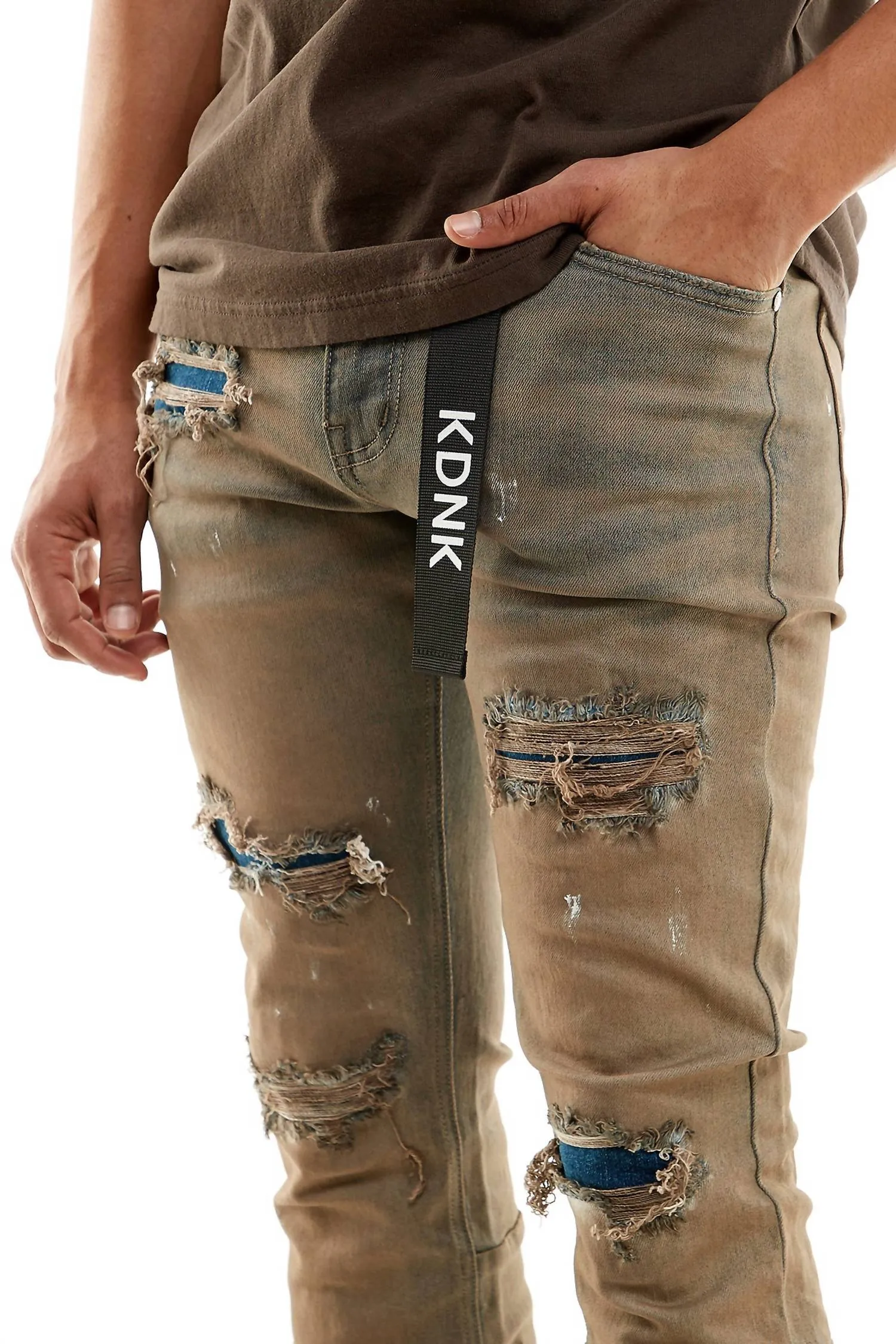 Men's Raw Denim Patched Flare Jeans In Ash Blue