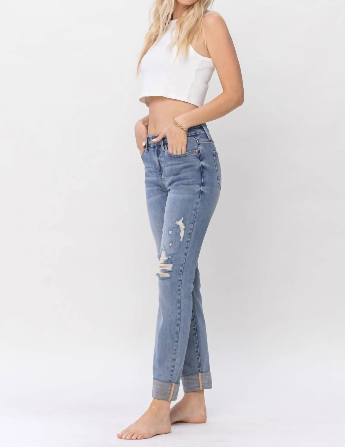 Mid Rise Knee Destroyed Cuffed Long Boyfriend Denim Jeans In Blue