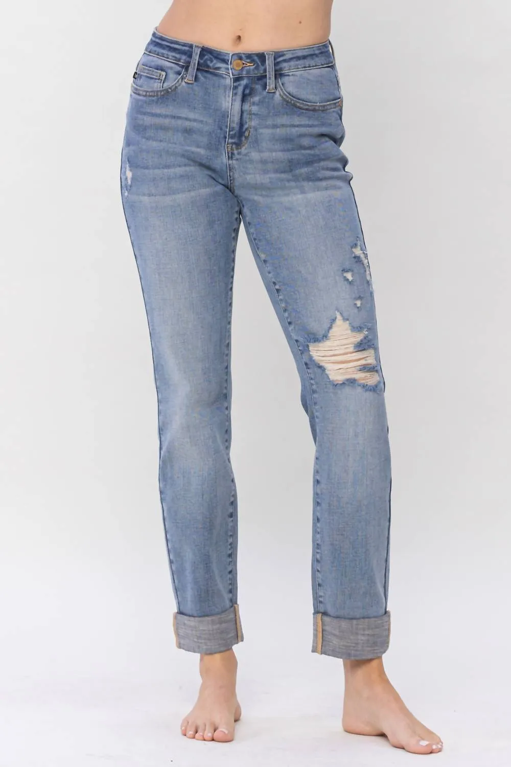Mid Rise Knee Destroyed Cuffed Long Boyfriend Denim Jeans In Blue