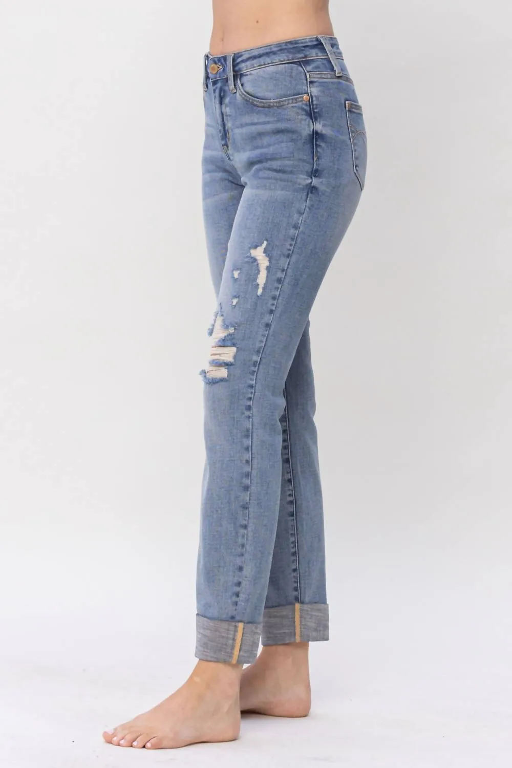 Mid Rise Knee Destroyed Cuffed Long Boyfriend Denim Jeans In Blue