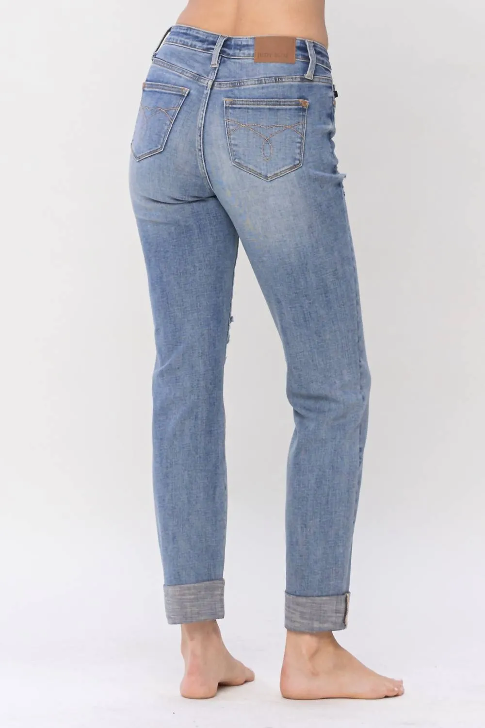 Mid Rise Knee Destroyed Cuffed Long Boyfriend Denim Jeans In Blue