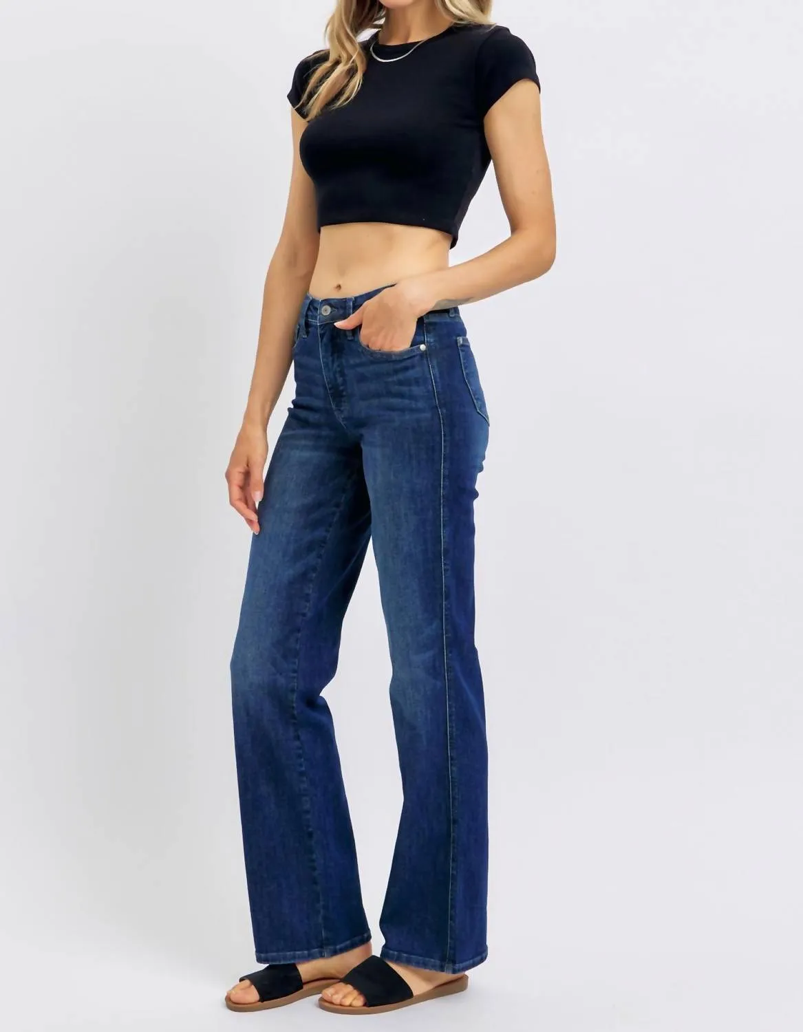 Mid Rise Tummy Control Classic Straight Jean In Blue
