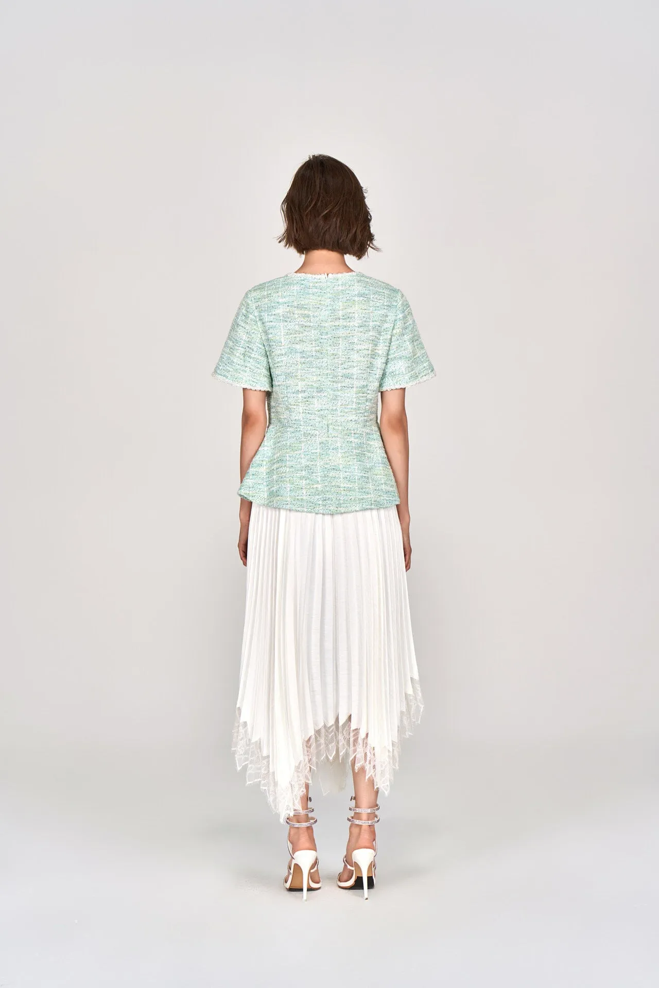 Mint Green Short Sleeves Tweed Top