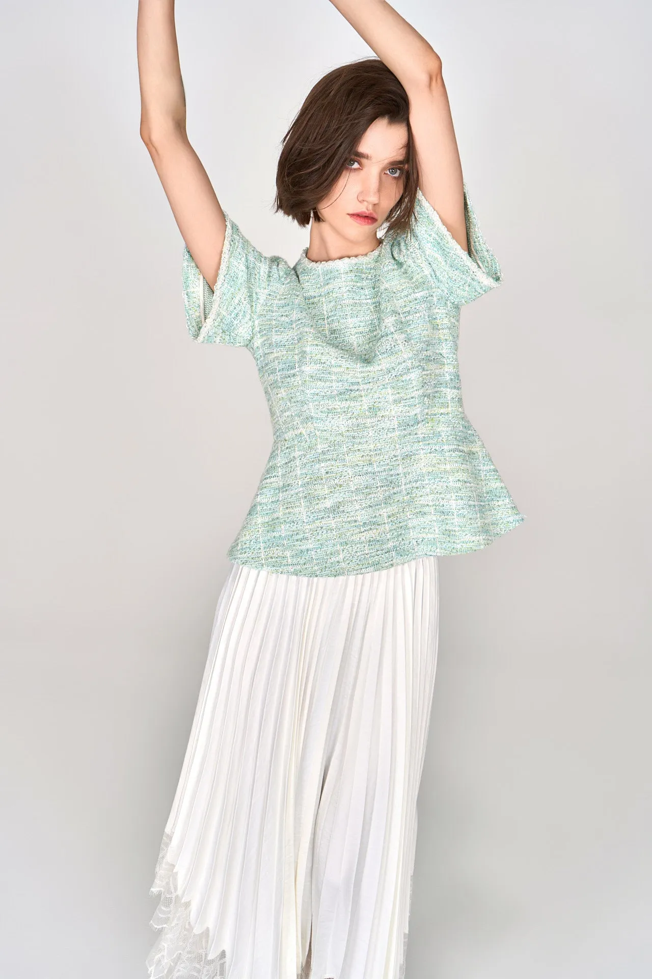 Mint Green Short Sleeves Tweed Top