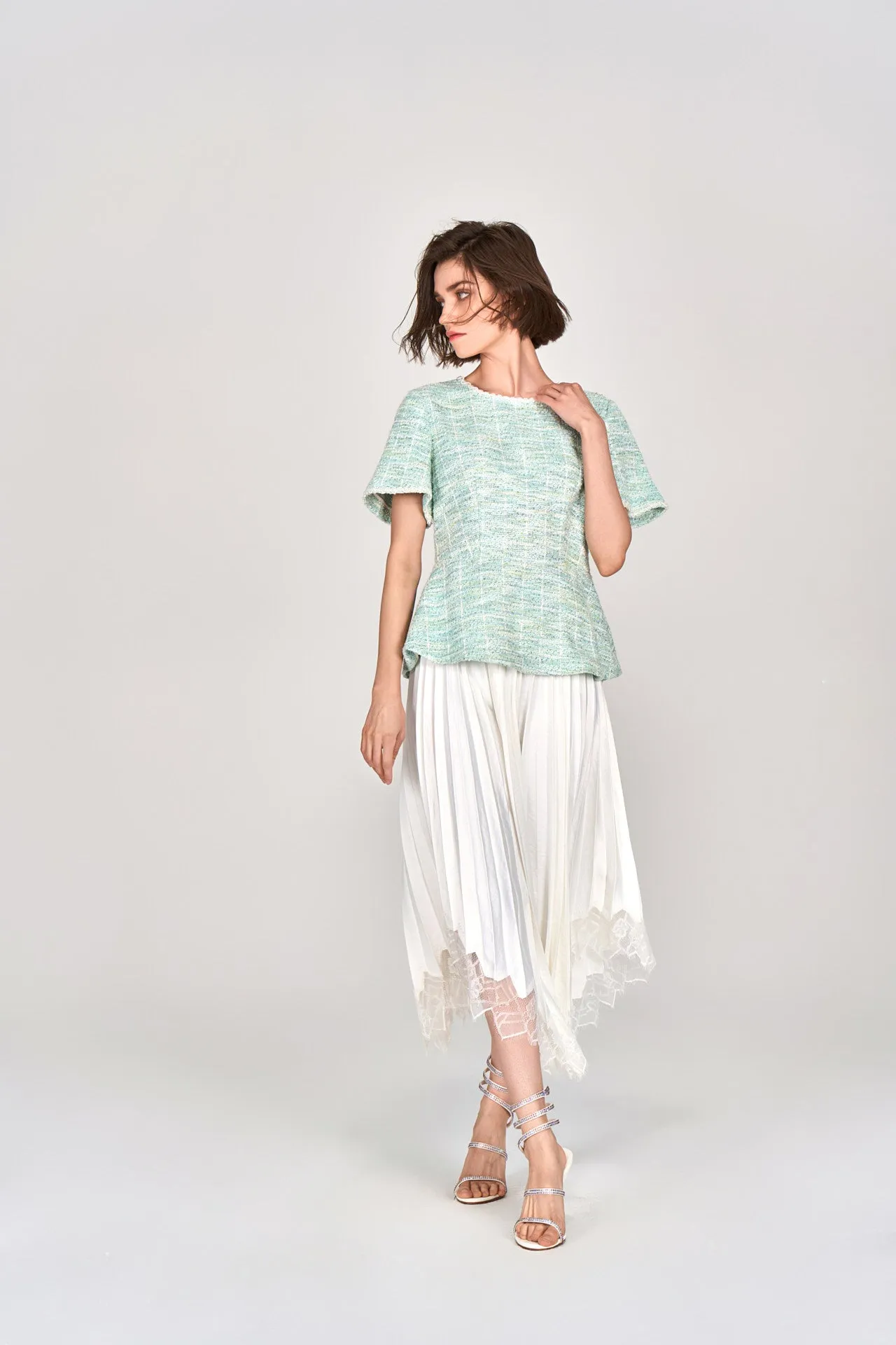 Mint Green Short Sleeves Tweed Top