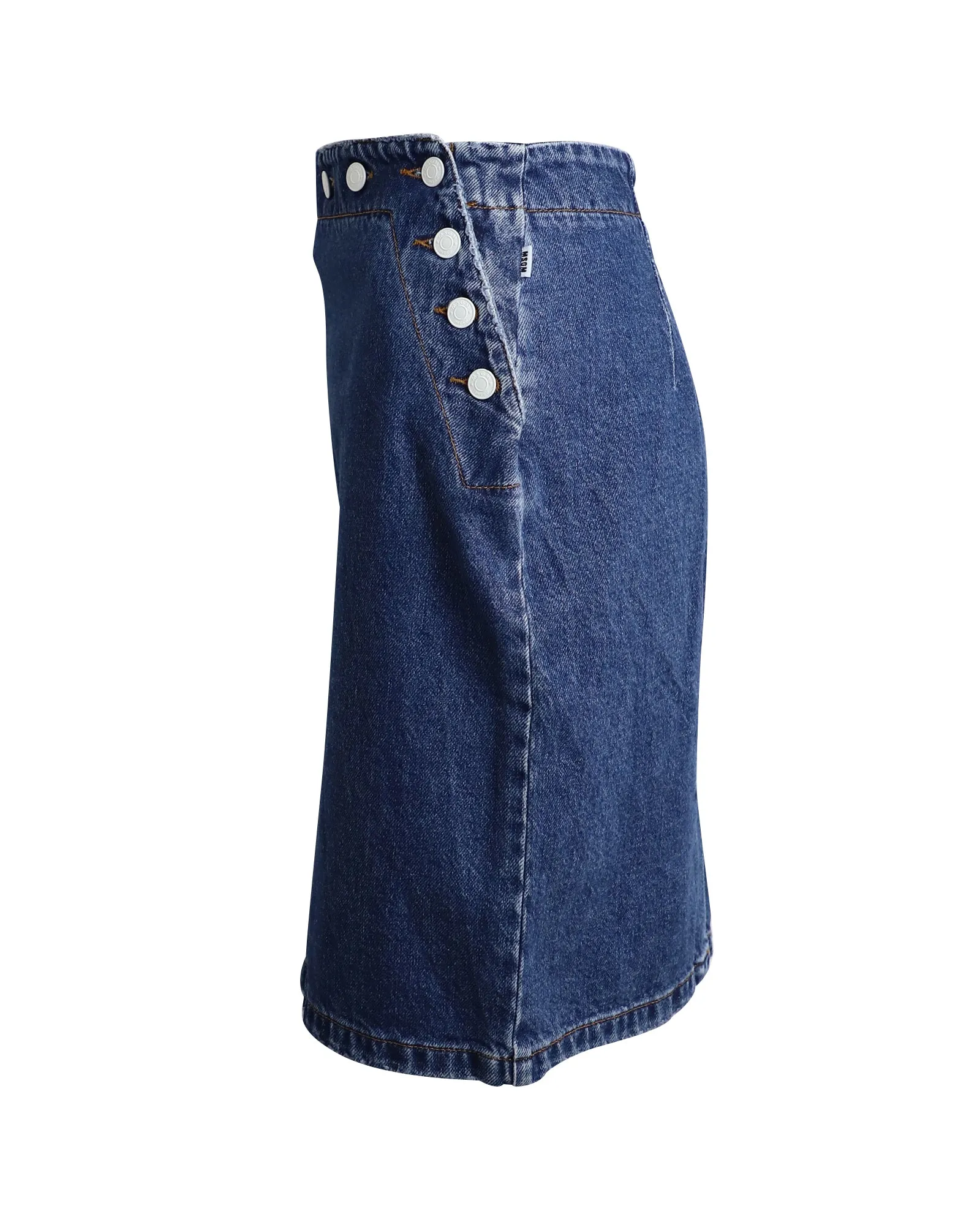 MSGM Button Detail Pencil Skirt in Blue Cotton Denim