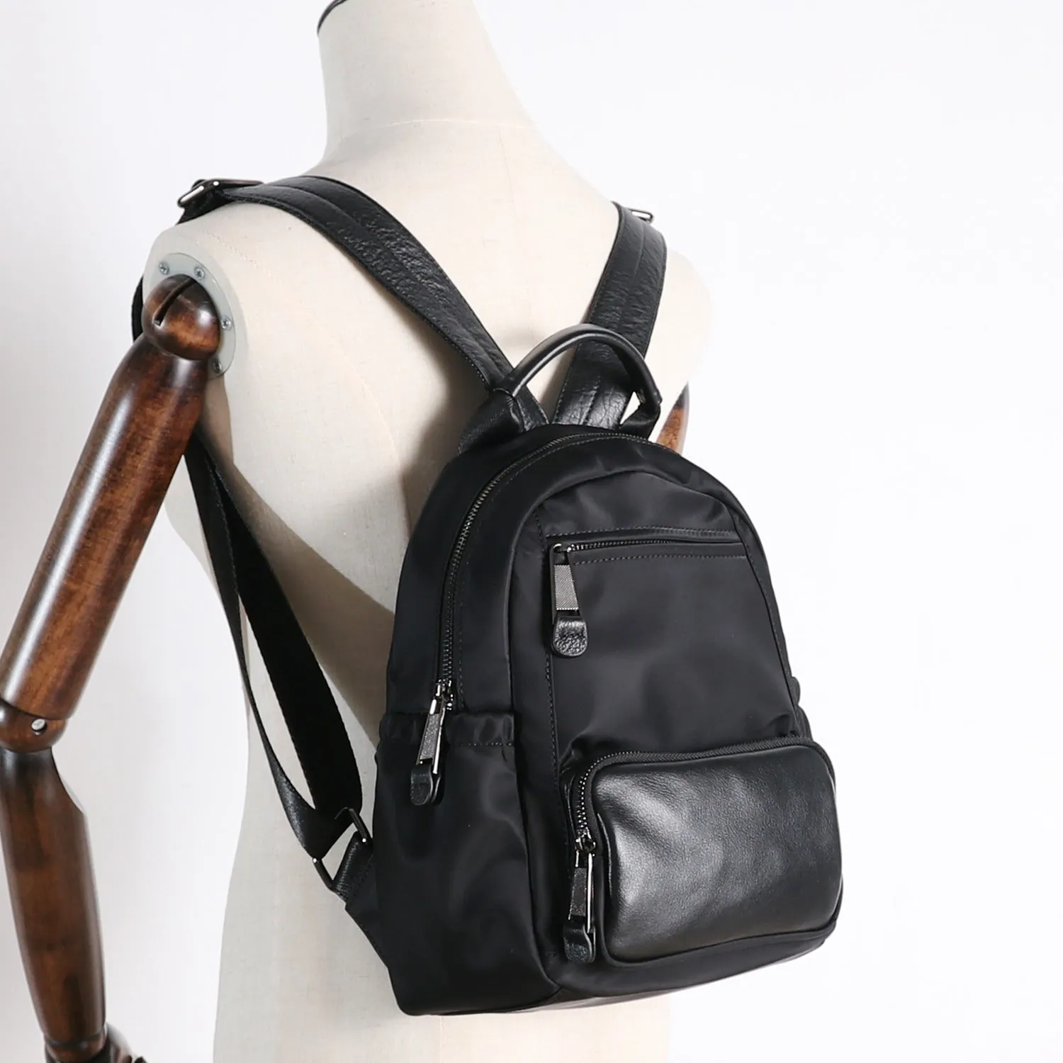 Nylon Backpacks Womens School Backpack Purse Black Nylon Leather Travel Rucksack for Ladies